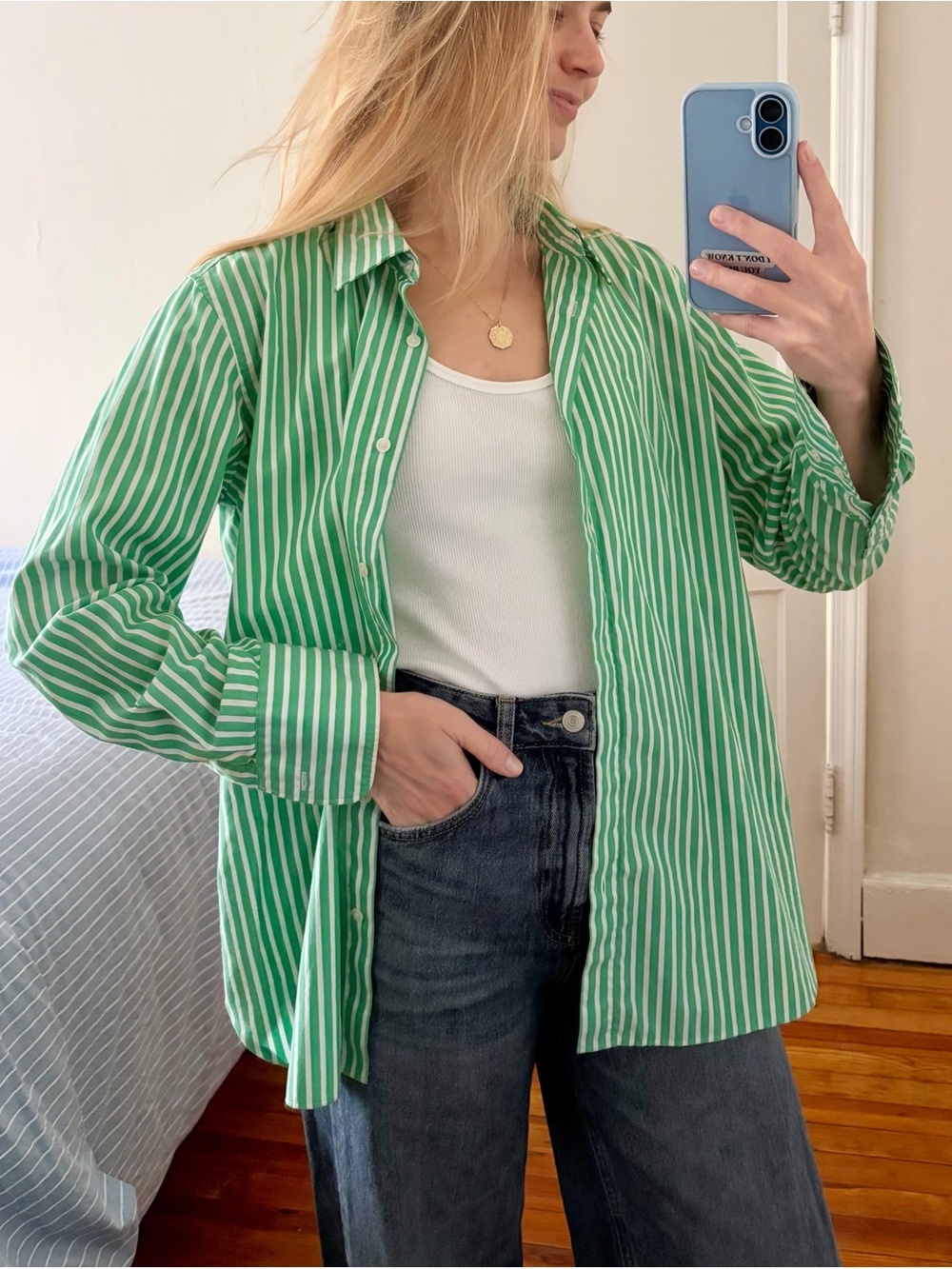 Uniqlo Green and White Vertical Stripe Button-Down Shirt